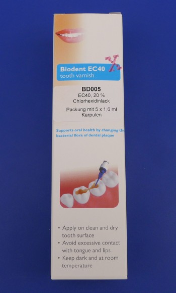 Biodent EC40 tooth varnish, 20 % Chlorhexidin-Zahnlack, 5 Karpulen je 1,6 ml, Anwendung nur über den Zahnarzt!