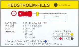 Mani Hedström-Feilen Wurzelkanalinstrumente, verschiedene ISO-Stärken und Längen, je 6 Stück