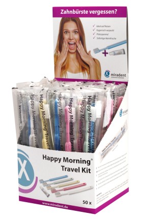 Happy Morning Travel Kit, Reisezahnbürsten inkl. 3-g-Zahnpasta, 50 Stück