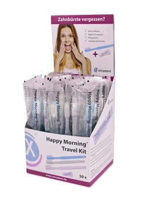 Happy Morning Travel Kit, Reisezahnbürsten inkl. 3-g-Zahnpasta, Display mit 50 Stück