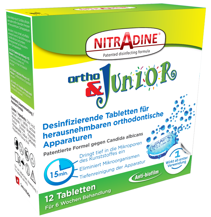 NitrAdine Ortho & Junior, Desinfektionstabletten für Zahnspangen, Packung mit 12 oder 64 Tabletten